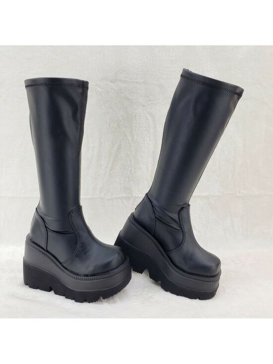 Demonia Shoes - NIB Shaker 65WC Wide Calf Stretch Matte Platform 4.5" Wedge Heel Knee Boots NY